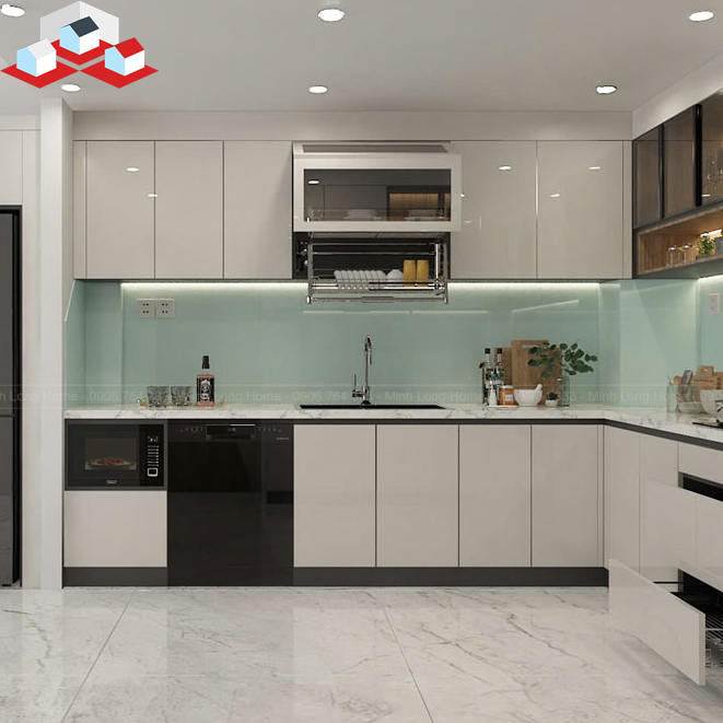 Tủ bếp Acrylic chữ L cũng có những ưu điểm như giá thà nh cao hơn
